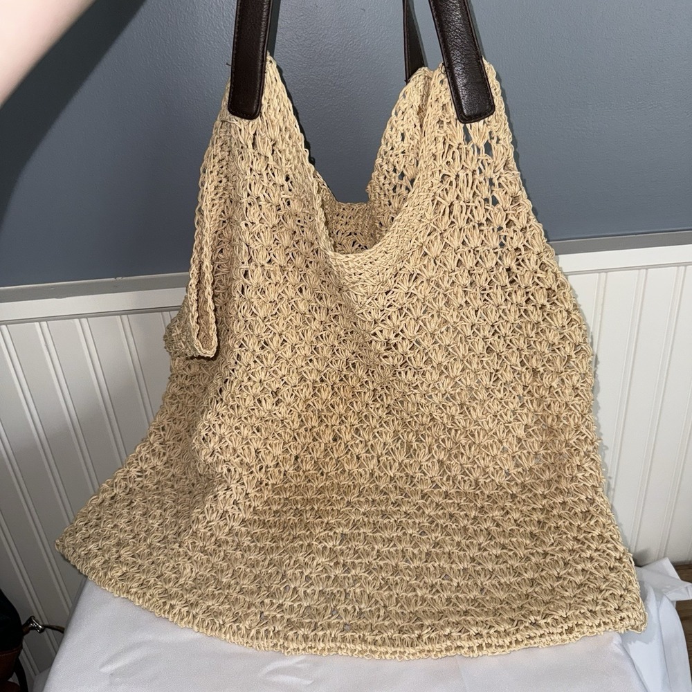 J. Jill Woven Bag Bohemian Style Large Shoulder Bag Purse Summer Crochet Tan